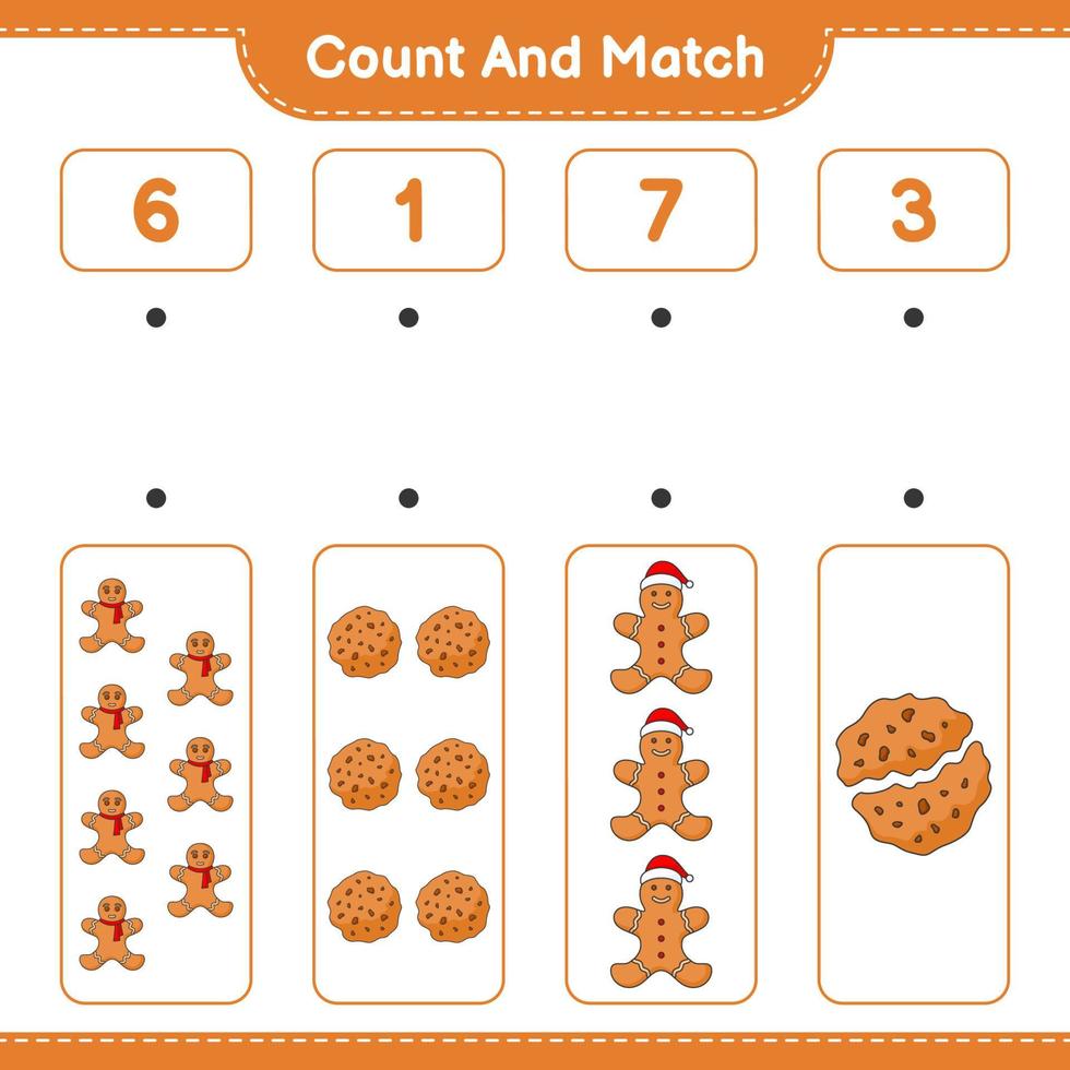 Count and match, count the number of Cookies, Gingerbread Man and match with the right numbers. Educational children game, printable worksheet, vector illustration
