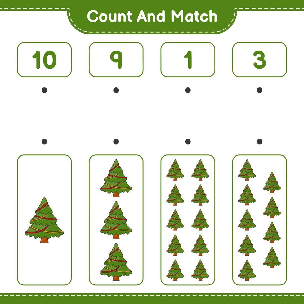 Count and match, count the number of Christmas Tree and match with the right numbers. Educational children game, printable worksheet, vector illustration