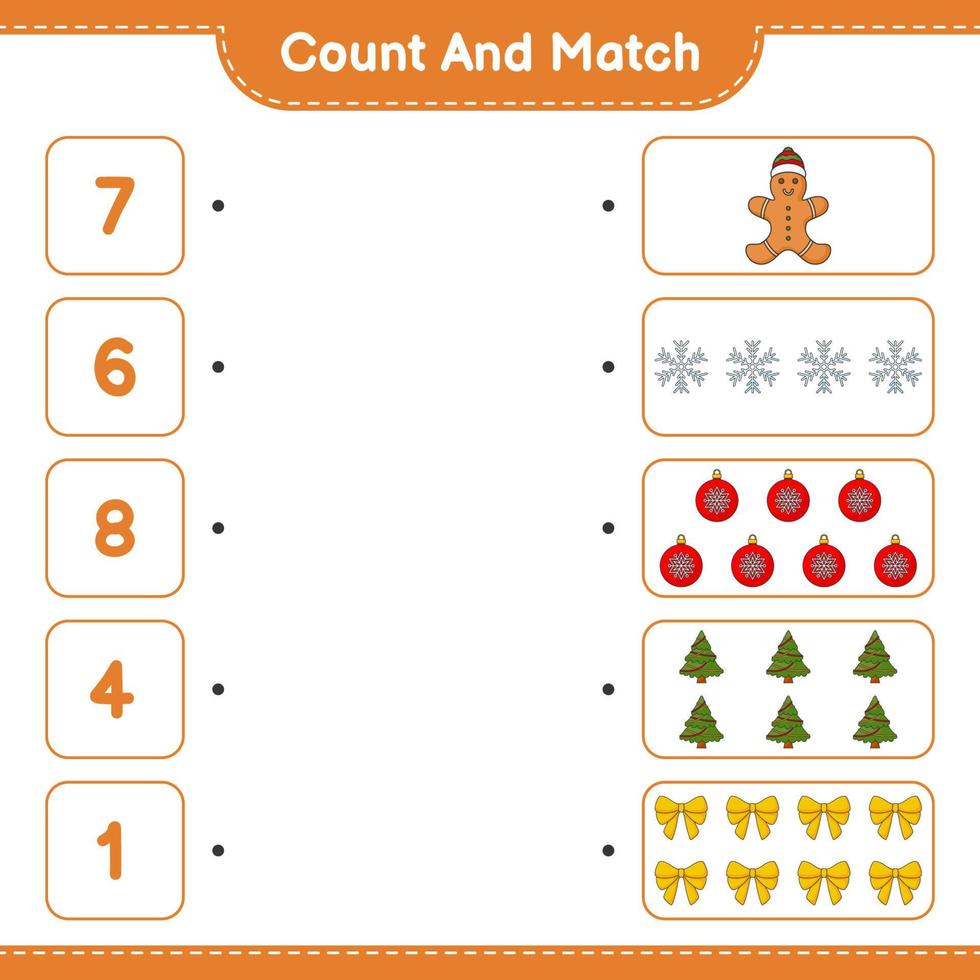 Count and match, count the number of Snowflake, Ribbon, Tree, Christmas Ball, Gingerbread Man and match with the right numbers. Educational children game, printable worksheet, vector illustration