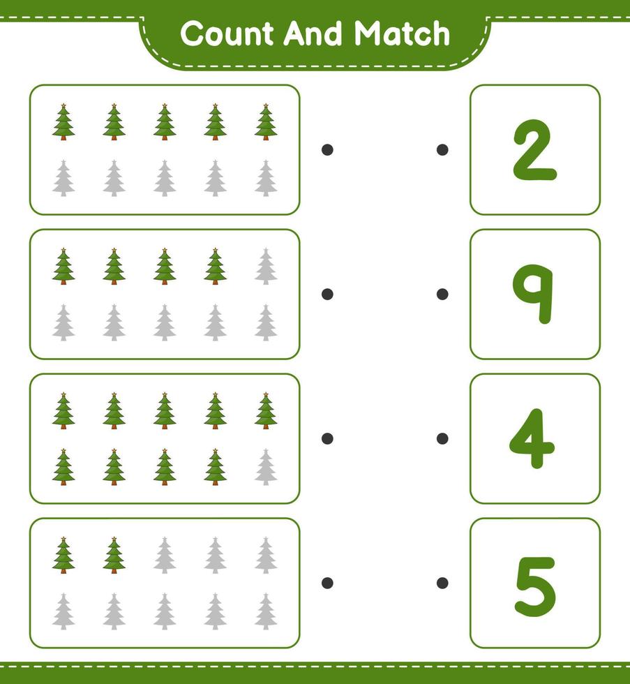 Count and match, count the number of Christmas Tree and match with the right numbers. Educational children game, printable worksheet, vector illustration