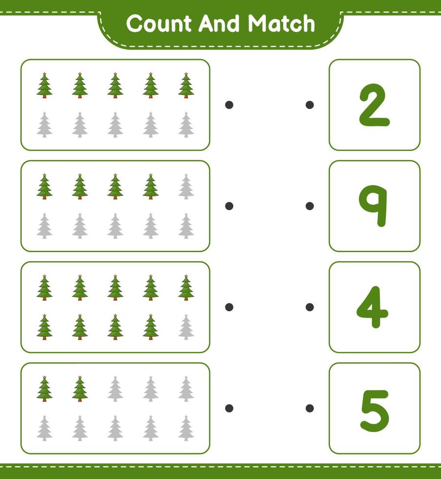 cuenta y empareja, cuenta el número de árboles de navidad y empareja con los números correctos. juego educativo para niños, hoja de cálculo imprimible, ilustración vectorial vector