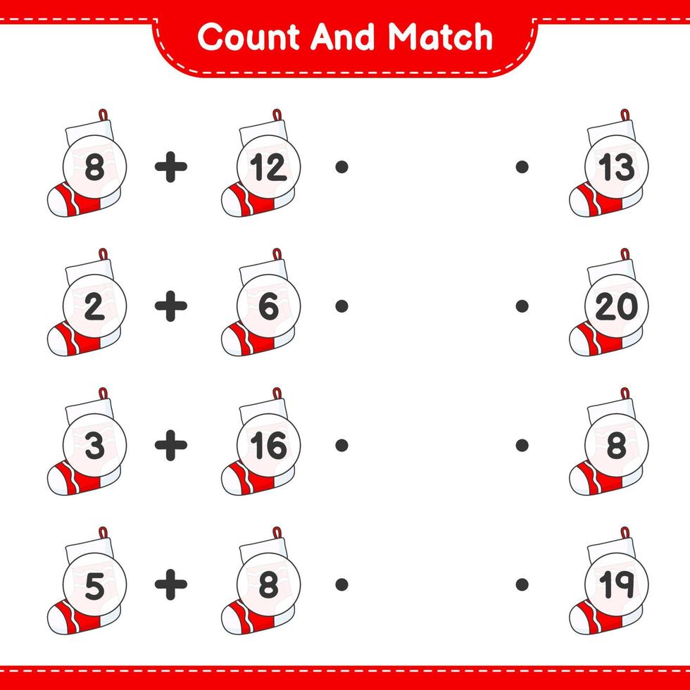 Count and match, count the number of Christmas Sock and match with the right numbers. Educational children game, printable worksheet, vector illustration