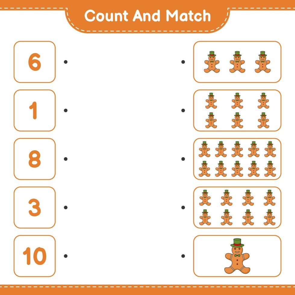 Count and match, count the number of Gingerbread Man and match with the right numbers. Educational children game, printable worksheet, vector illustration
