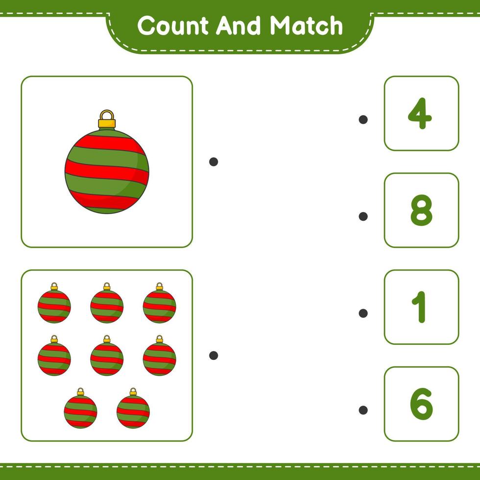 Count and match, count the number of Christmas Ball and match with the right numbers. Educational children game, printable worksheet, vector illustration