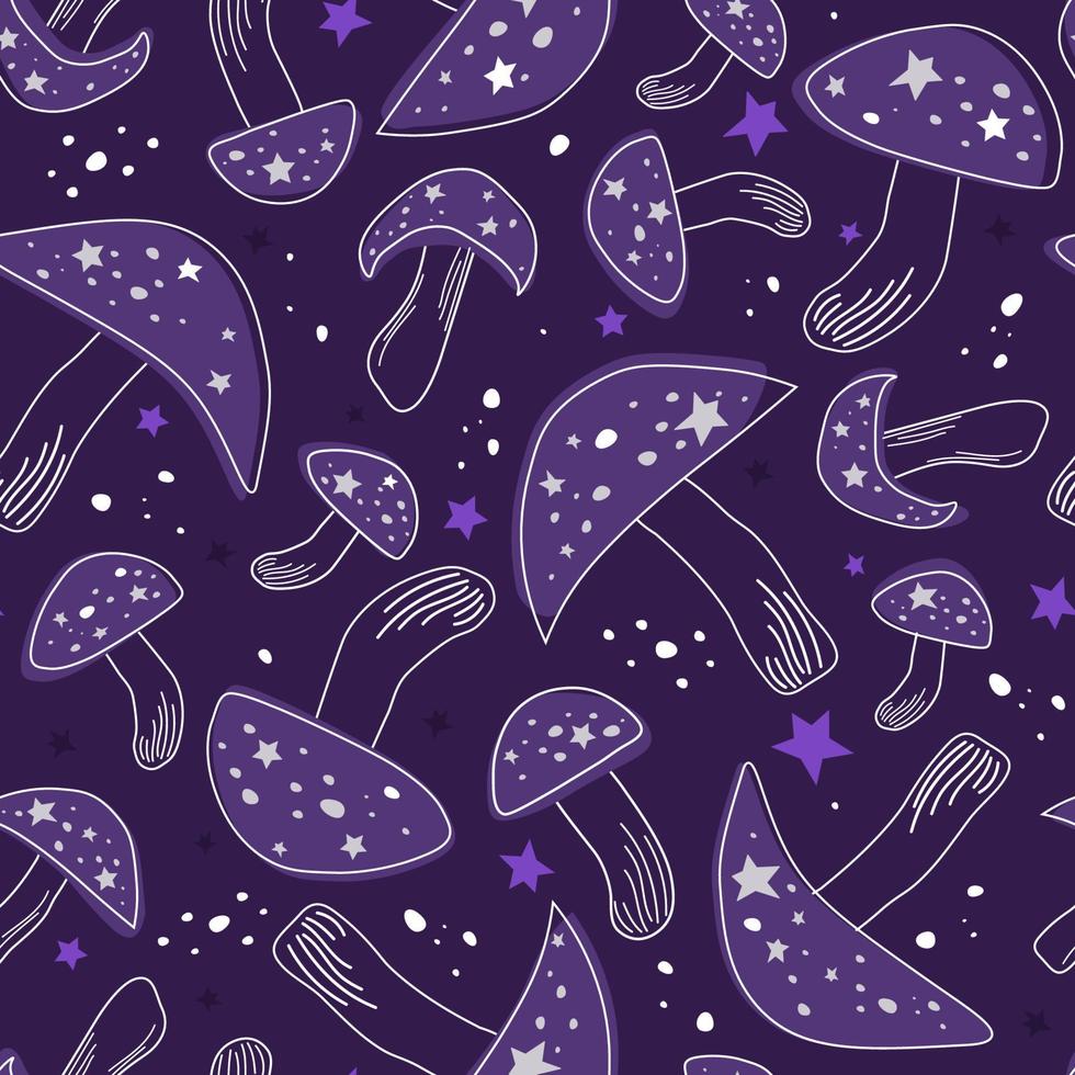 Seamless pattern with silhouettes of mushrooms in the starry sky. Cosmic magic fly agarics in space. Vector graphics.