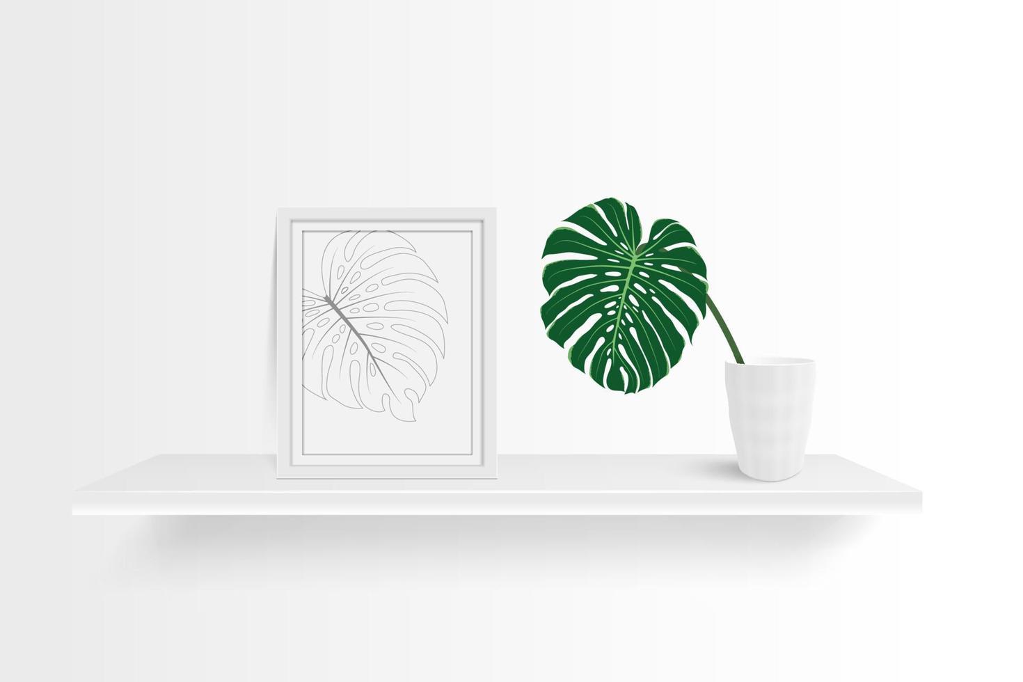 wood frame photo on empty wooden shelf with monstera leaf vector