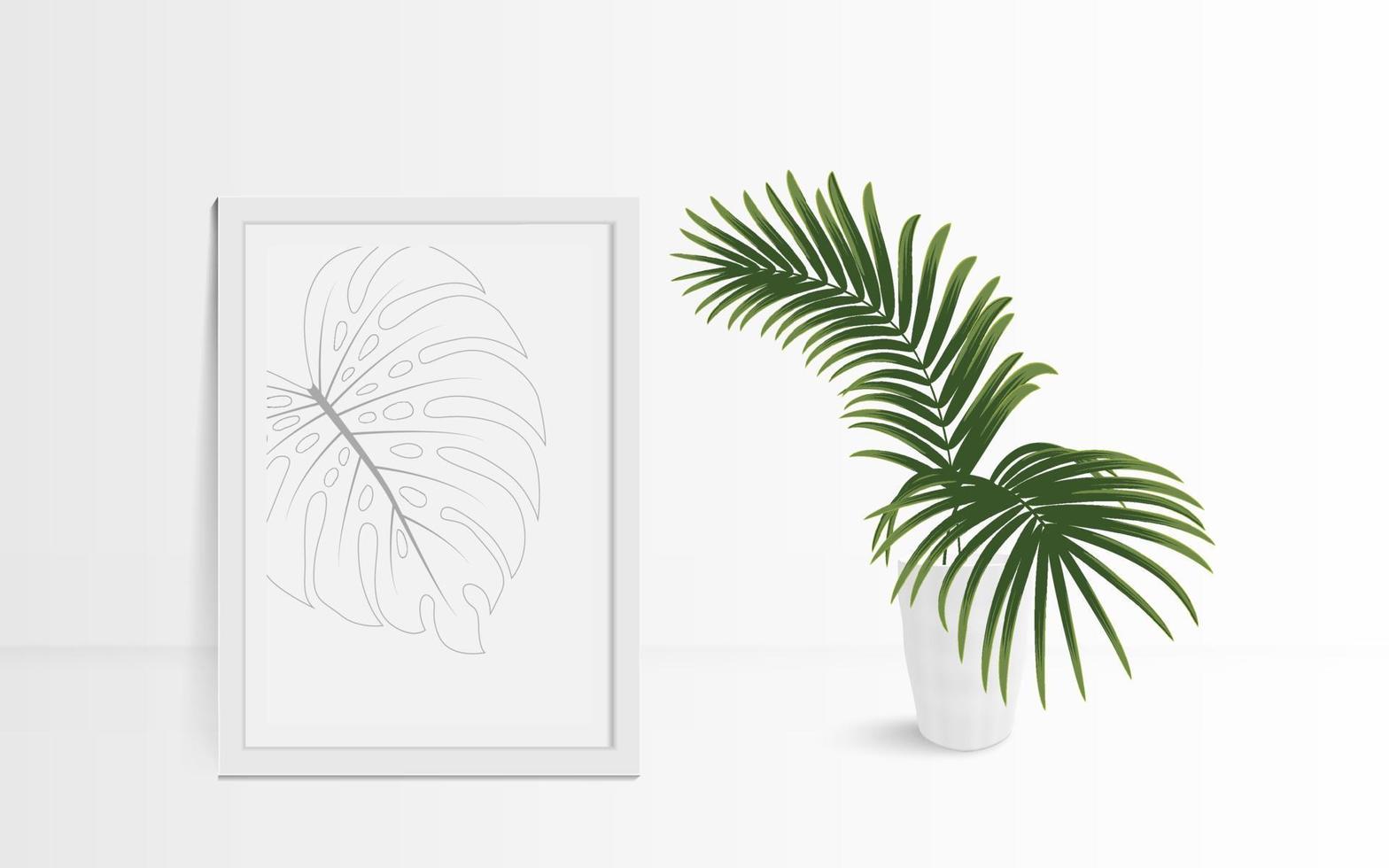 white frame photo with monstera leaf on wall vector