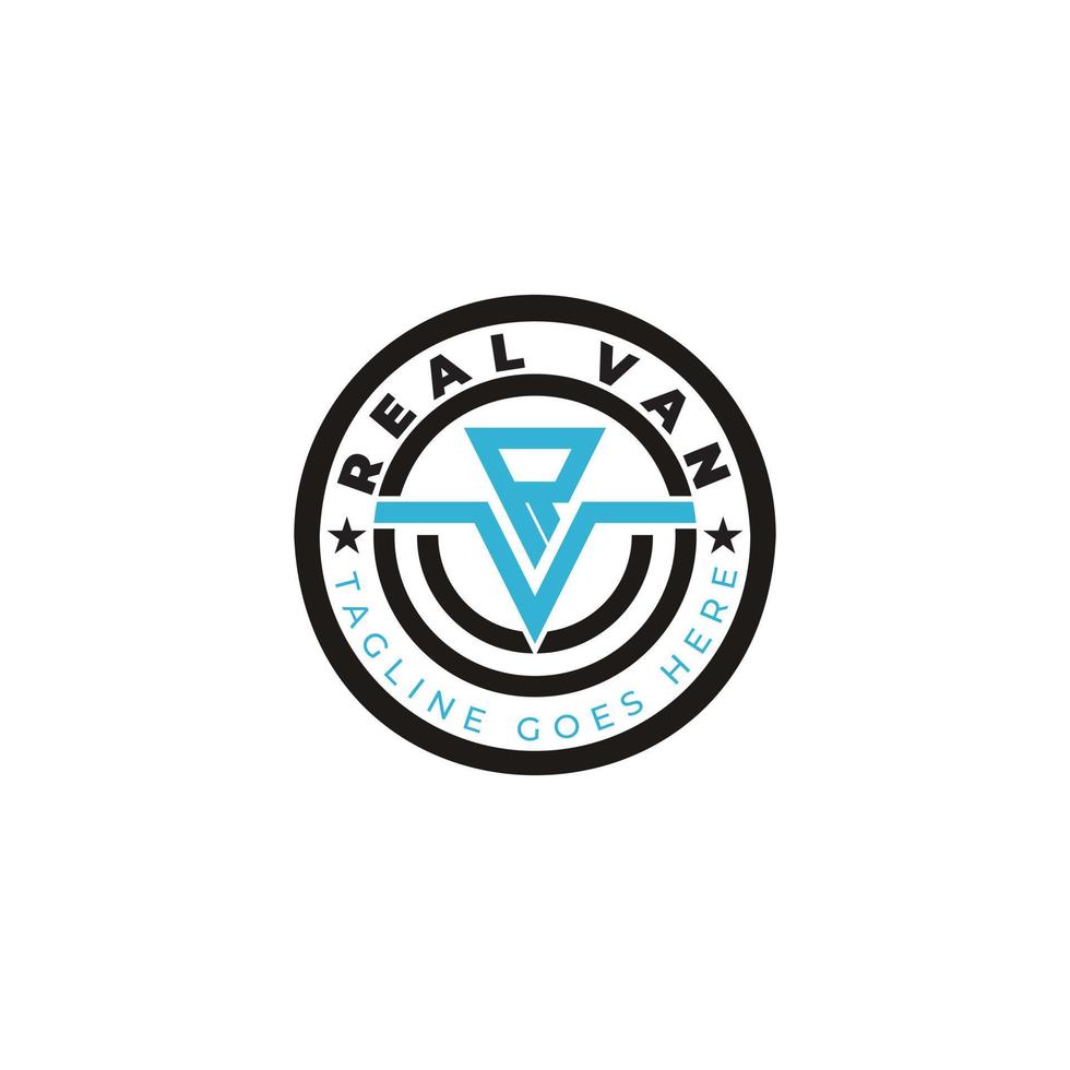 Modern emblem logo for the van conversion company constructed by abstract initial letter R and V logo in black and blue color also suitable for the brand or company that has initial name RV or VR vector