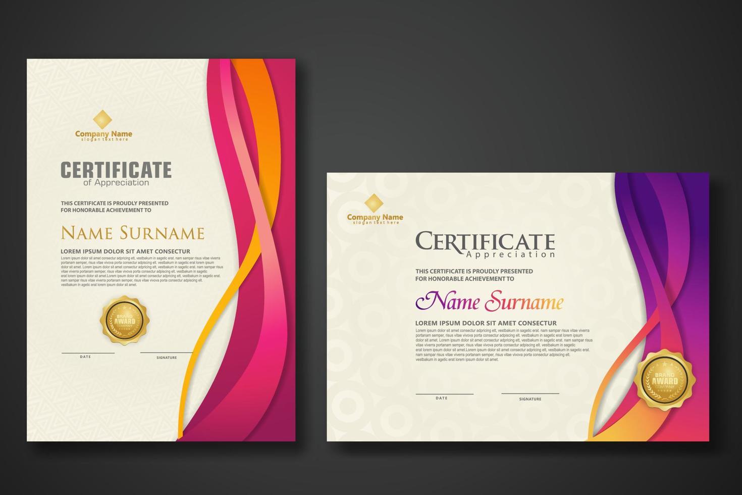 Two set certificate template with dynamic and futuristic wave modern background vector