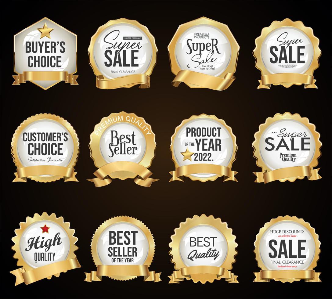 Collection of gold and white super sale badges and labels vector