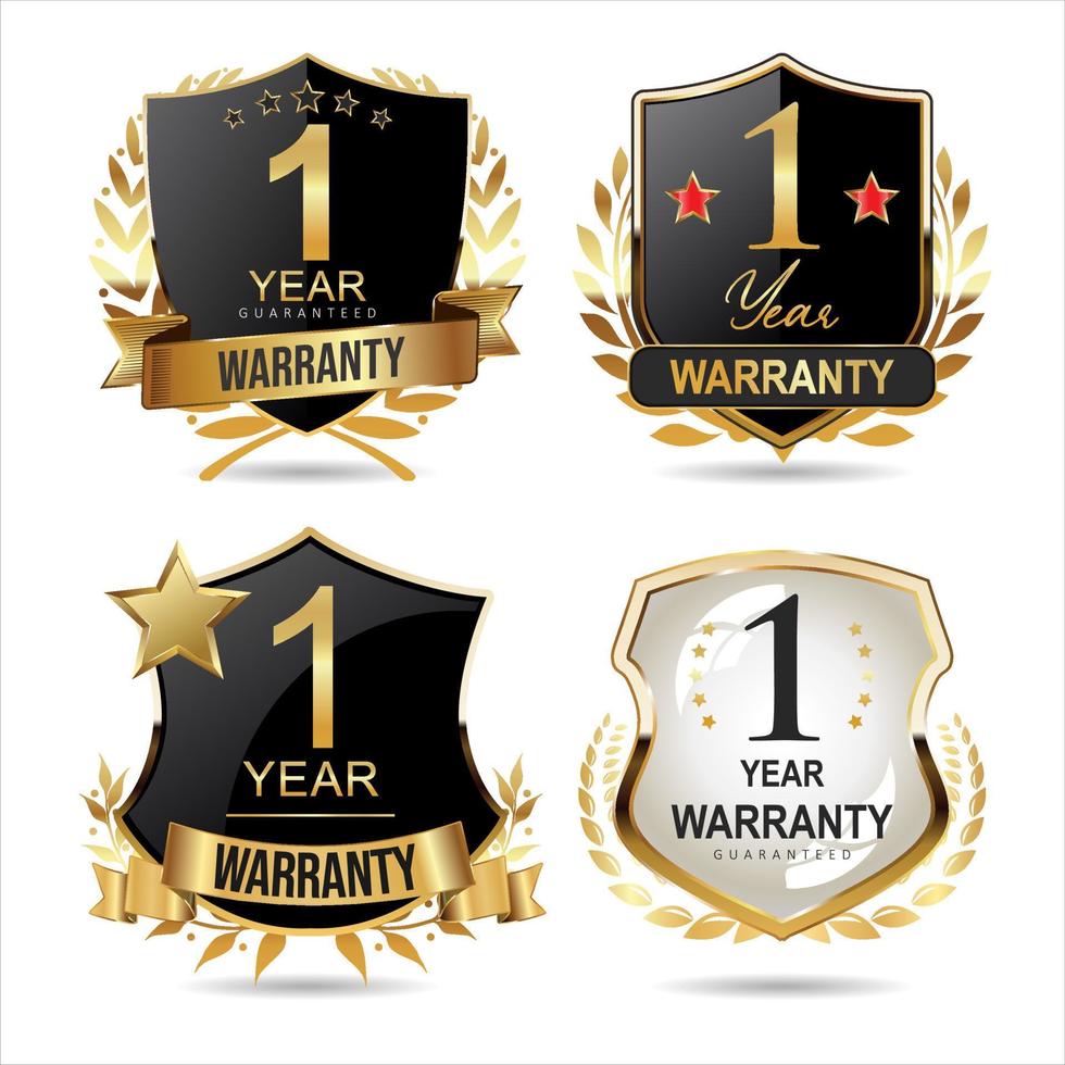 Collection of warranty guaranteed gold and black  labels on white background vector