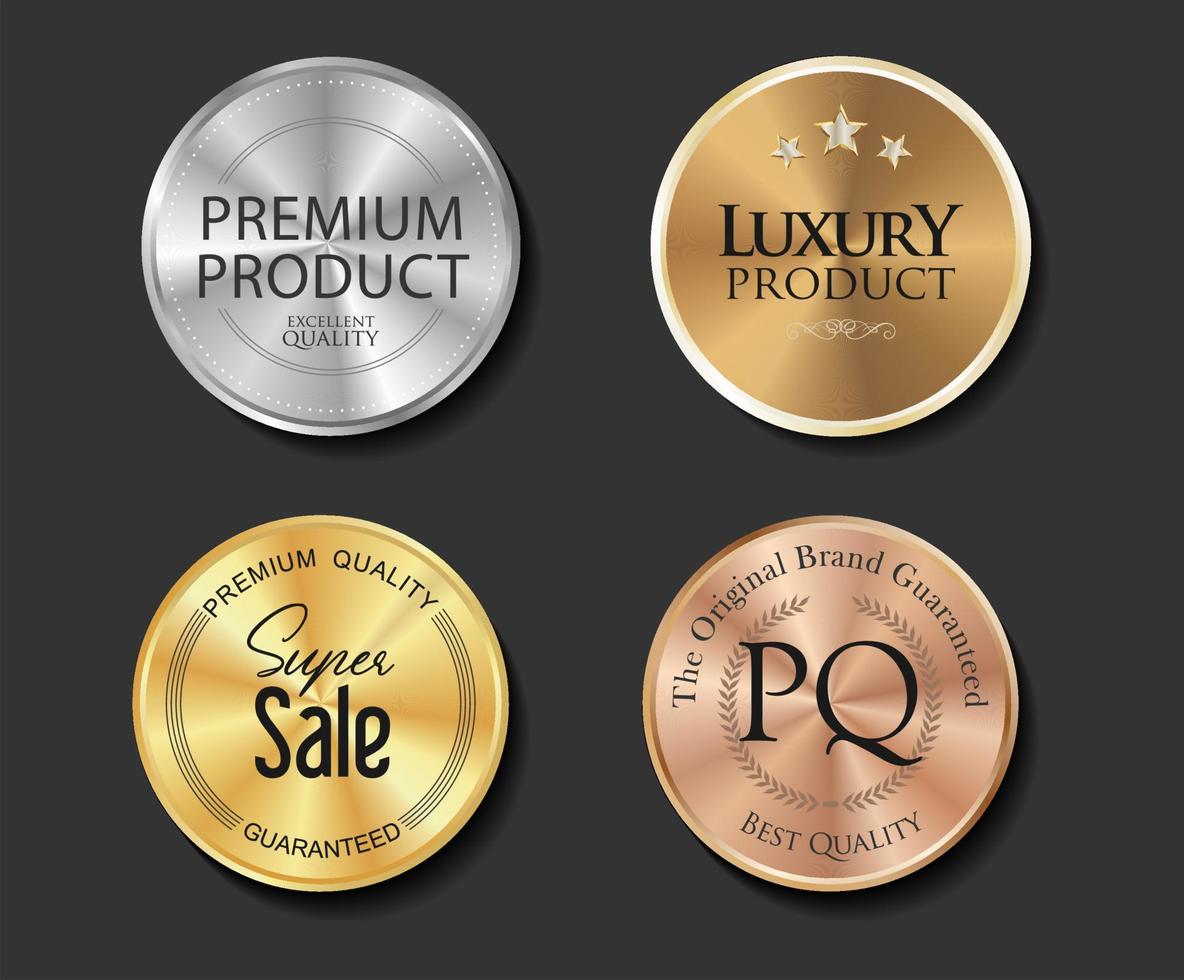 colección de diferentes insignias de calidad premium con degradado cónico de color dorado vector