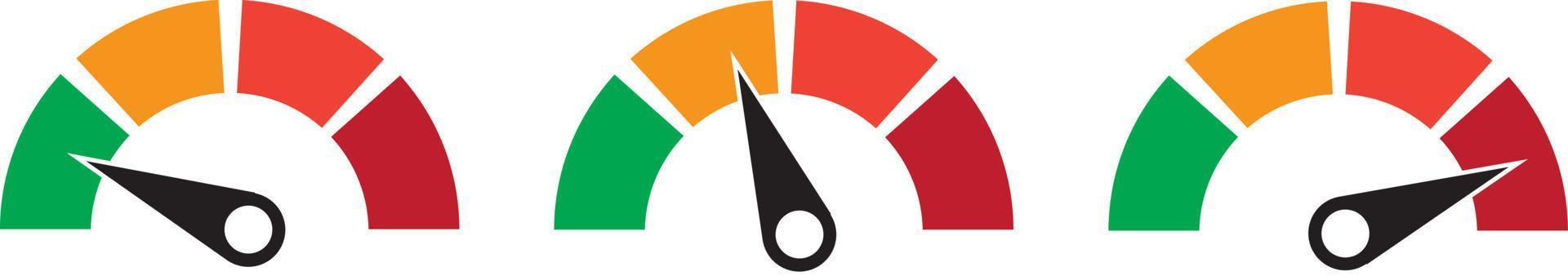 Set of color vector tachometers, flowmeter with indicator in green, orange and red part, speedometer and performance measurement icon, illustration for your web page, infographic, apps and leaflet