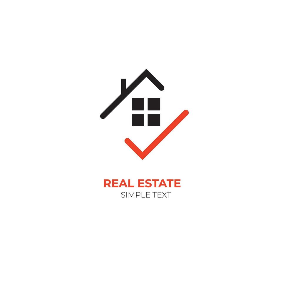 Home and check mark logo - house roof with chimney and window and red tick symbol. Real estate and realty vector icon.