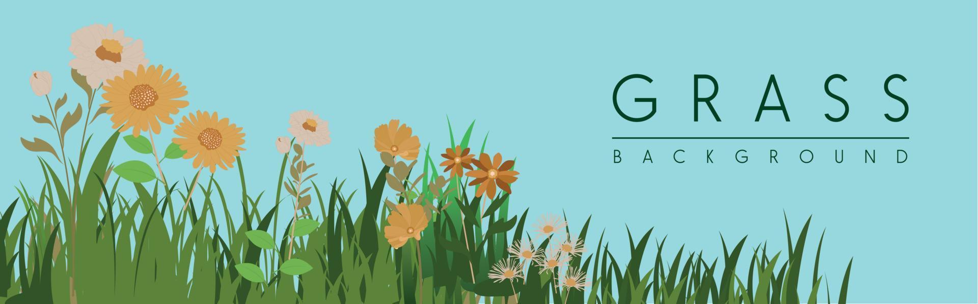 Spring garden grass and flowers border. Cartoon vector flower background. Green elements objects flora on transparent background