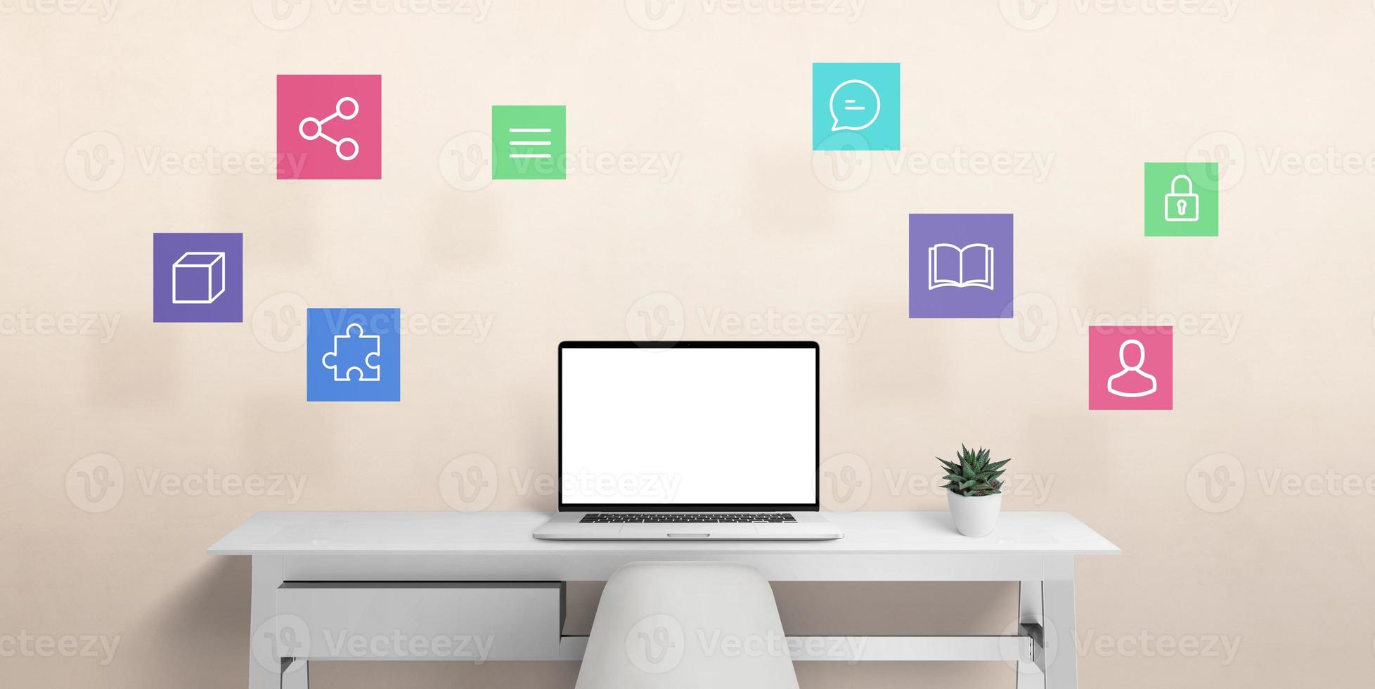 computadora portátil en el escritorio con iconos de internet de las cosas en el aire. pantalla aislada para maqueta, presentación de página web foto