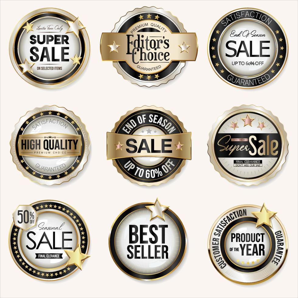 Collection of super sale and customer satisfaction warranty guaranteed gold and black badges vector