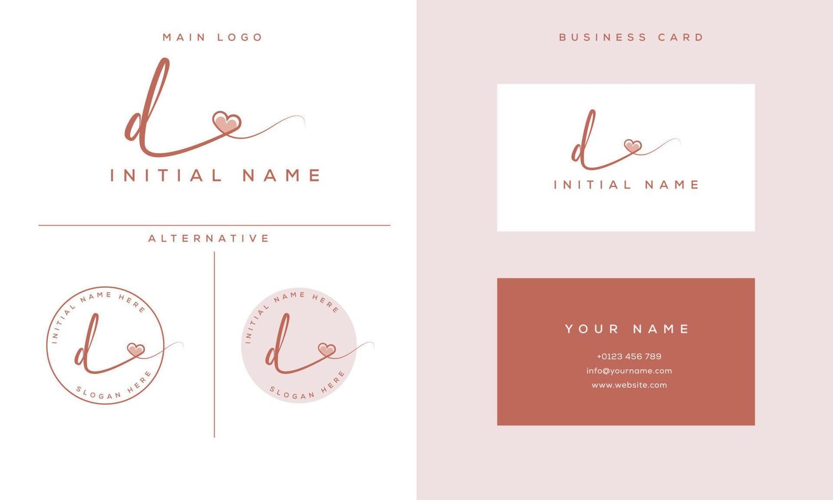 handwriting signature d logo initial with heart shape and business card vector