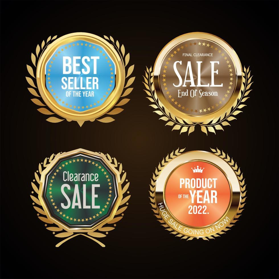 Collection of golden badges and labels with conical gradient retro style vector