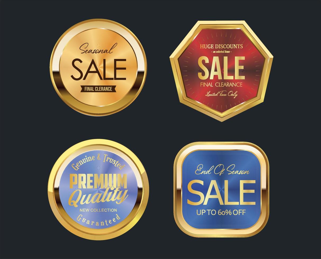 Collection of golden badges and labels with conical gradient retro style vector