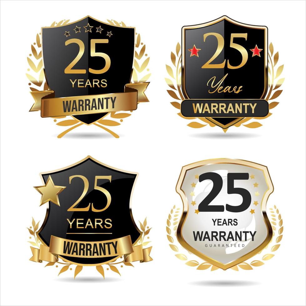 Collection of warranty guaranteed gold and black  labels on white background vector