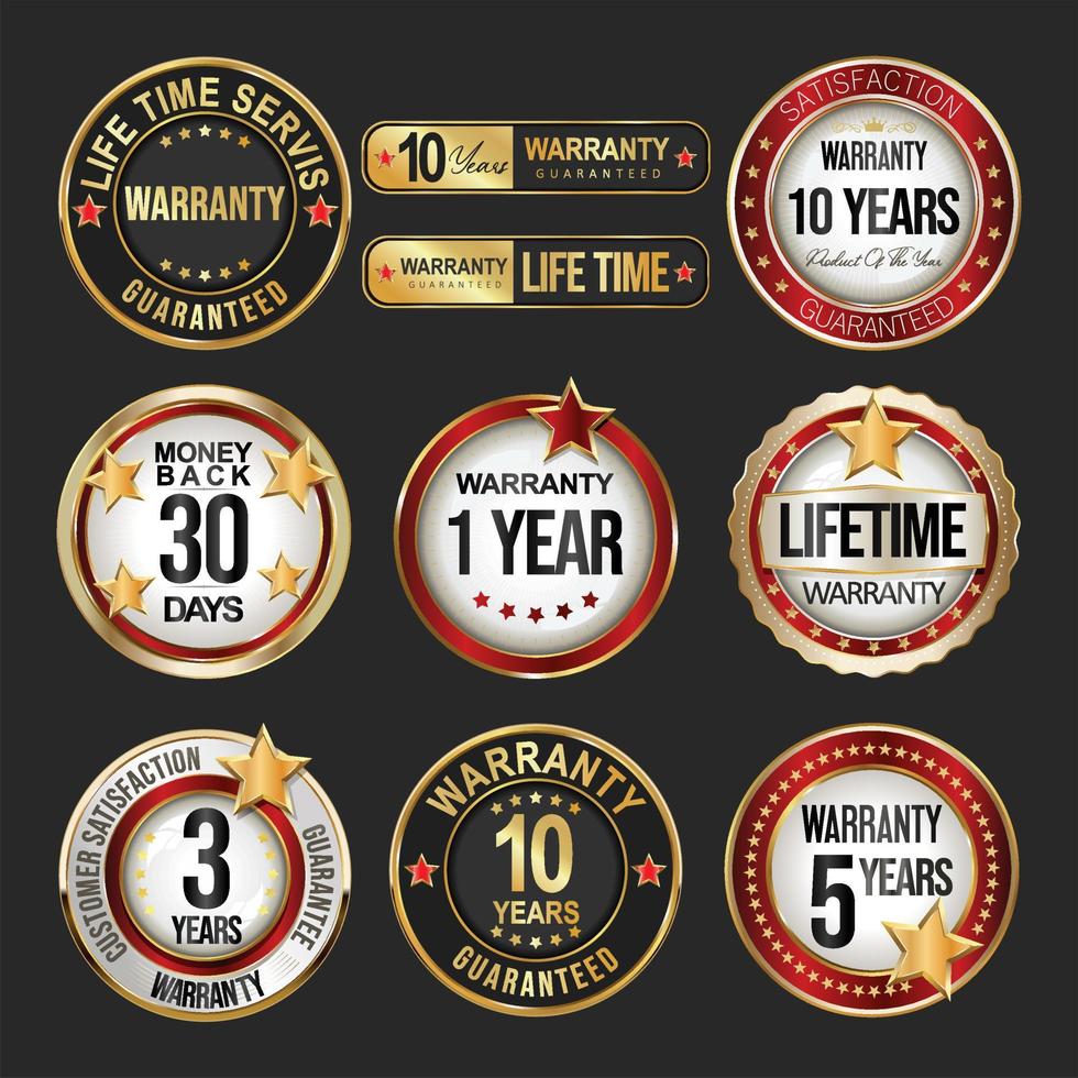 Warranty guaranteed gold black and red  labels on black background vector