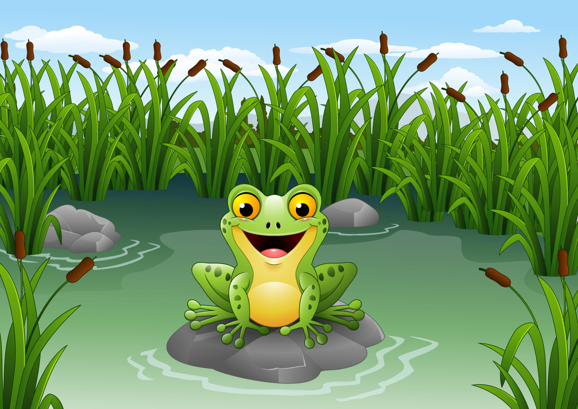 Cartoon frog sitting on the rock at pond 10227920 Vector Art at Vecteezy
