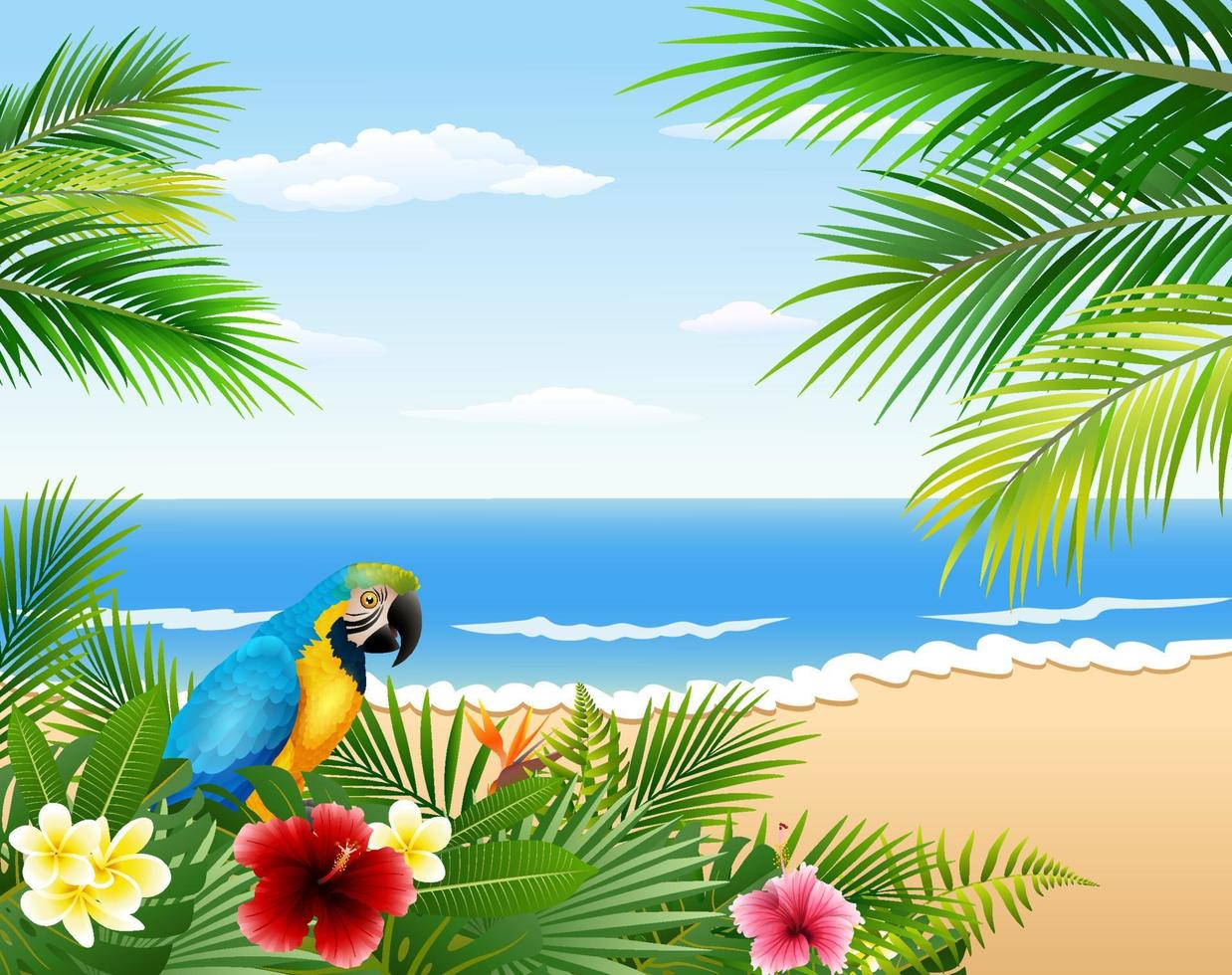 tarjeta con playa tropical, plantas tropicales y loro vector