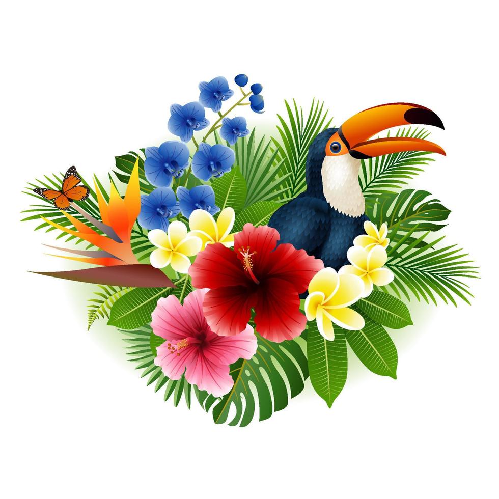 Cartoon toucan and butterfly with flowers and leaves background vector