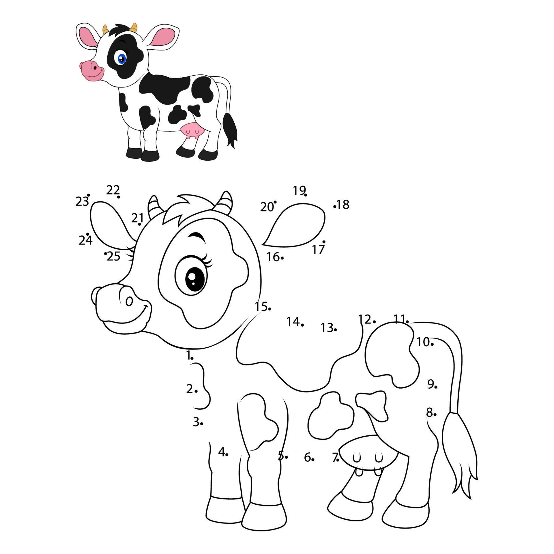 Connect the number to draw the cow animal educational game for children