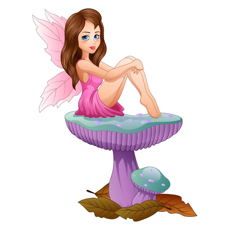 Cartoon cute fairy sitting on mushroom vector