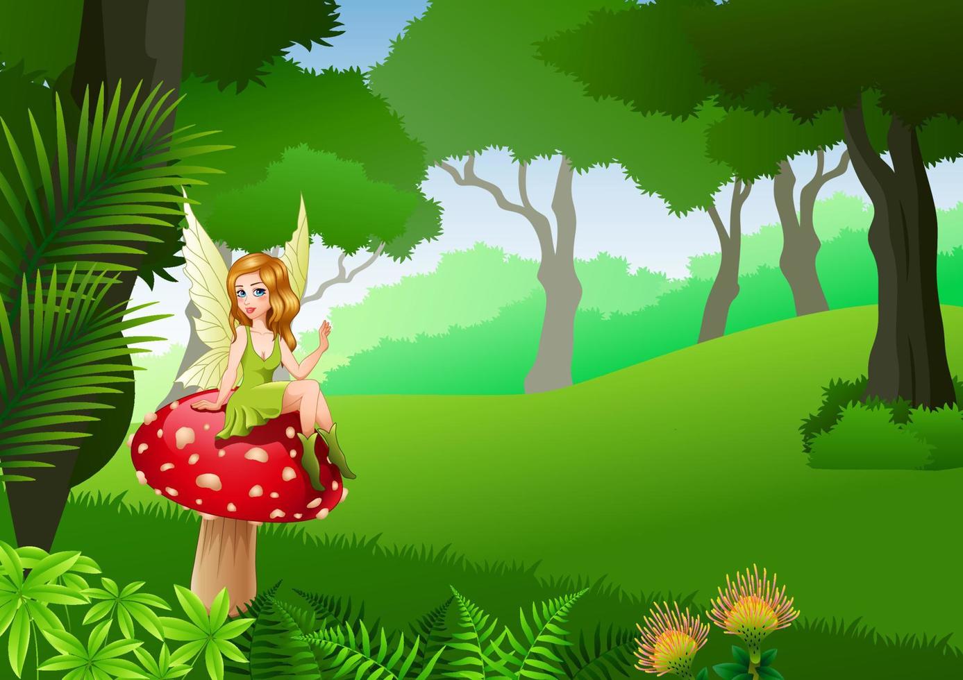 Little fairy sitting on mushroom with Tropical forest background vector