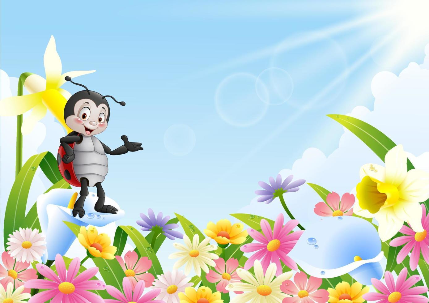 mariquita de dibujos animados en el campo de flores vector