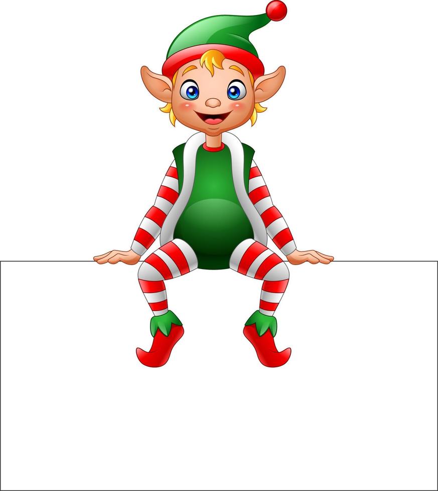 Cartoon Christmas elf sitting on blank sign vector