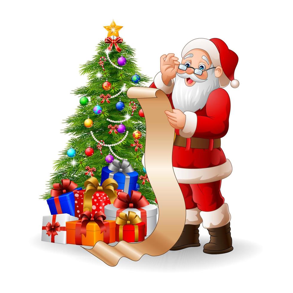 Santa Claus reading a long list of gifts vector