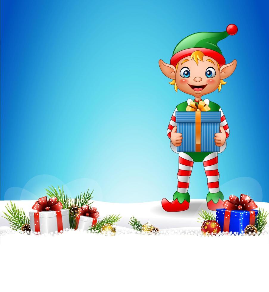 Christmas background with elf holding gift box vector