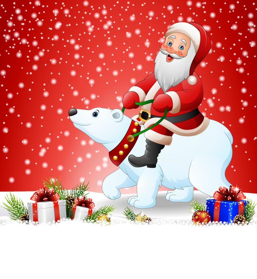 Christmas background with Santa Claus riding polar bear vector