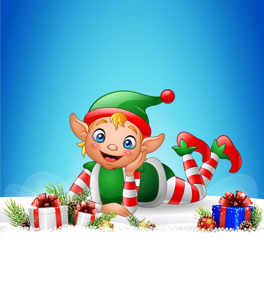 Christmas background with little elf laying on the snow vector