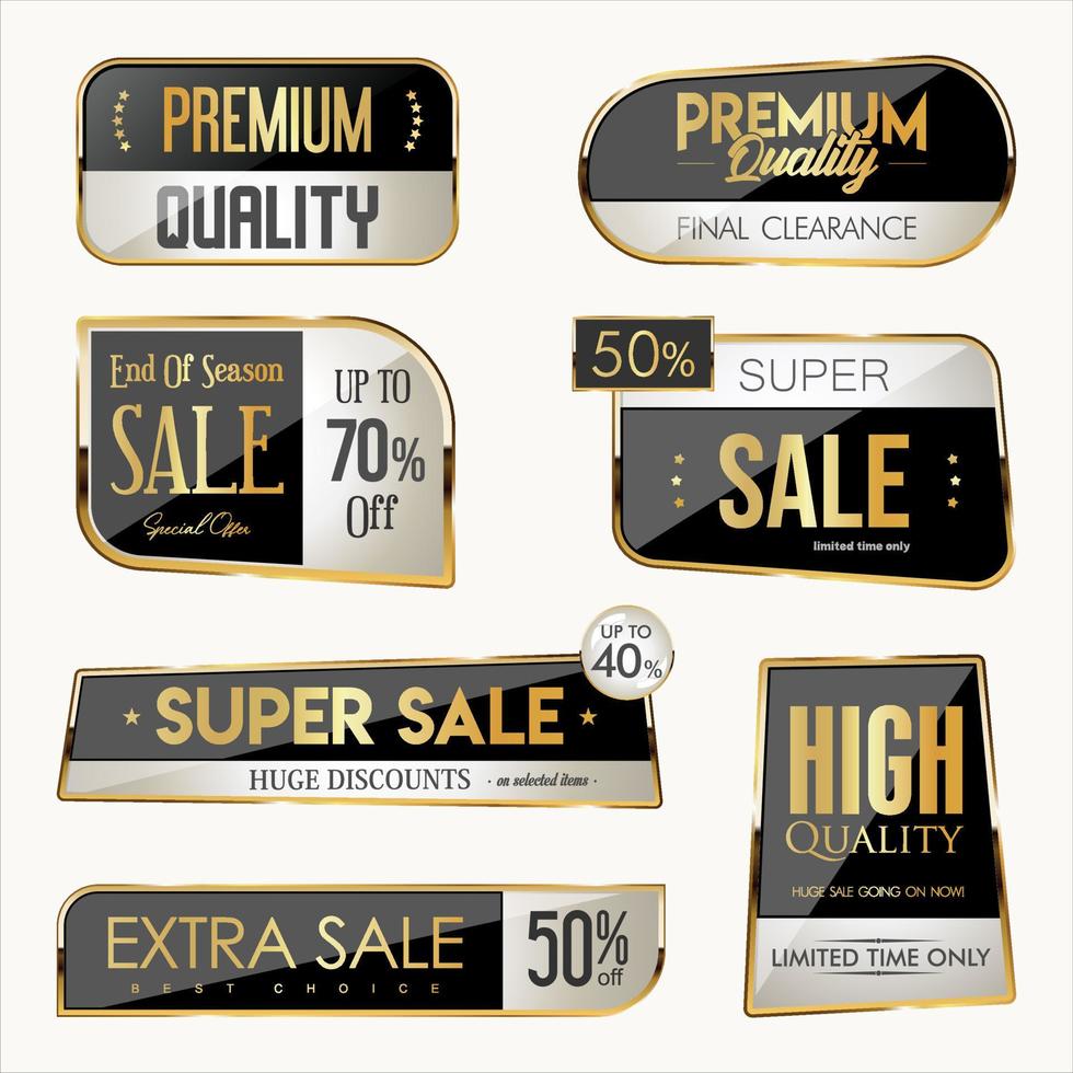 colección de insignias y etiquetas de venta negras y doradas vector