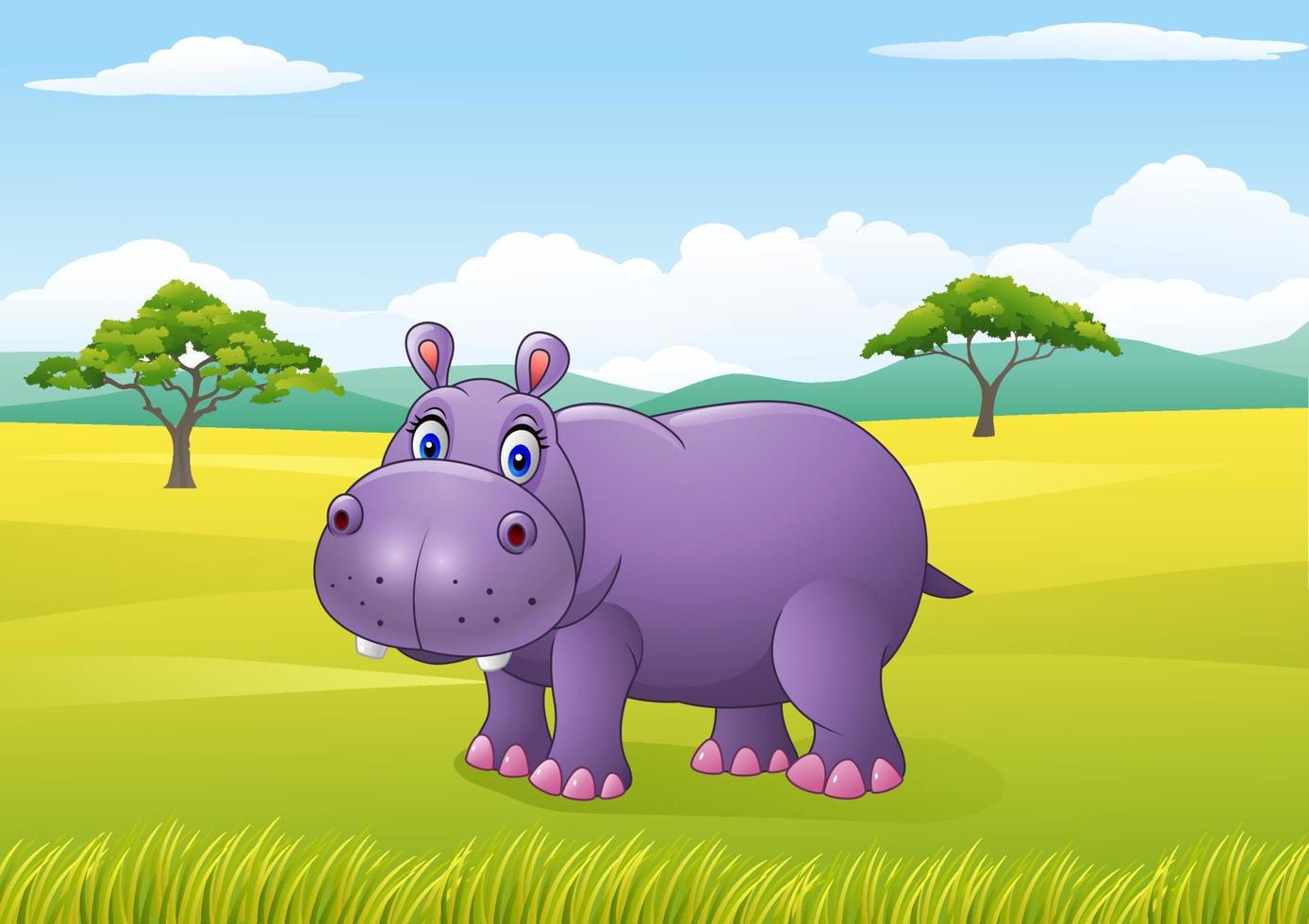 Cartoon funny hippo in the African landscape vector