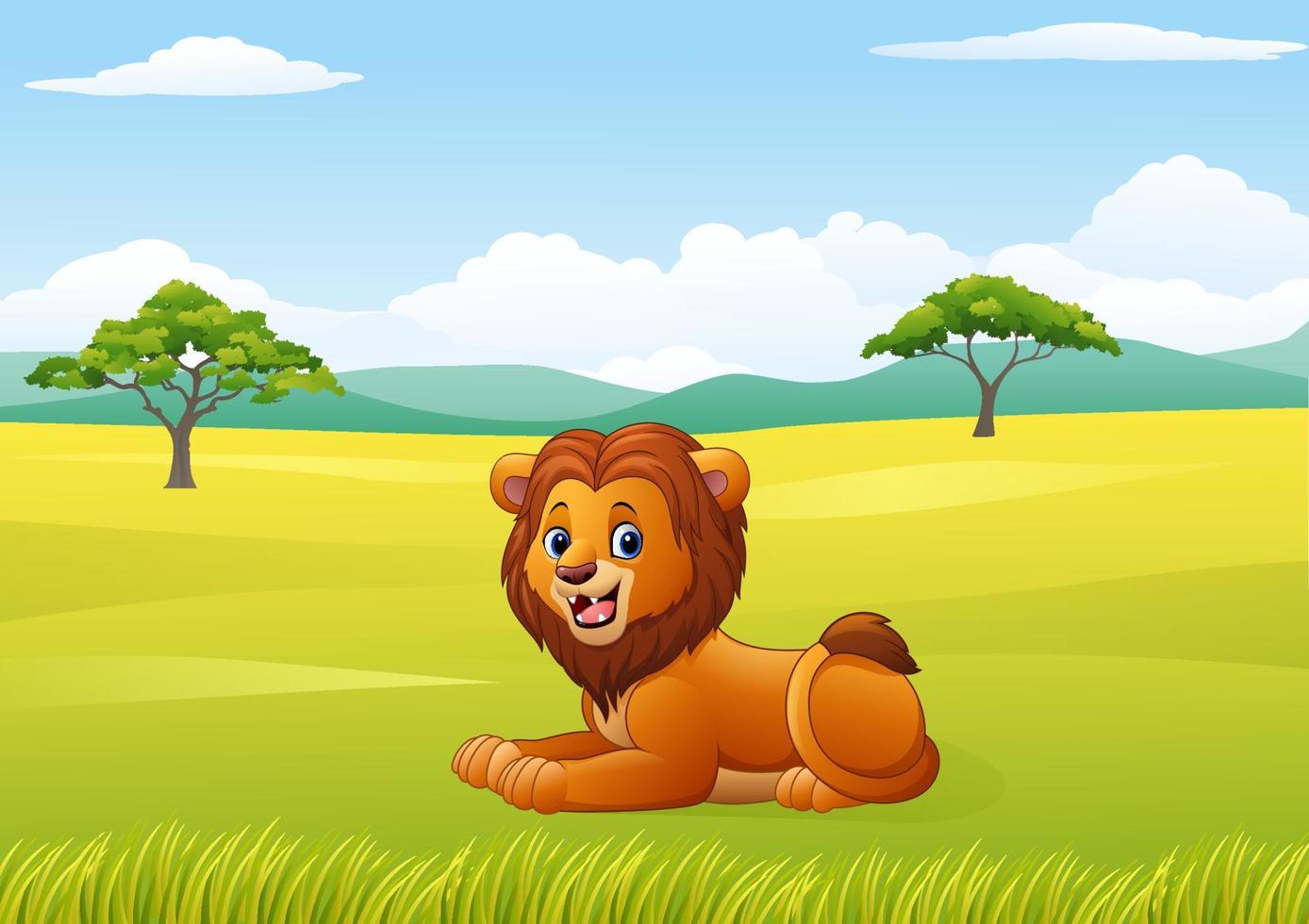 lindo león sentado en el paisaje africano vector