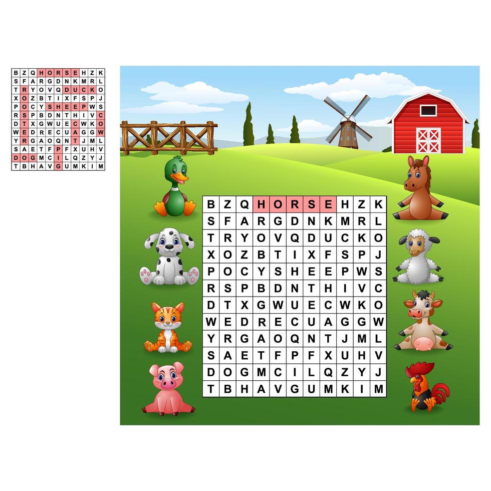 Word search puzzle about farm animals vector