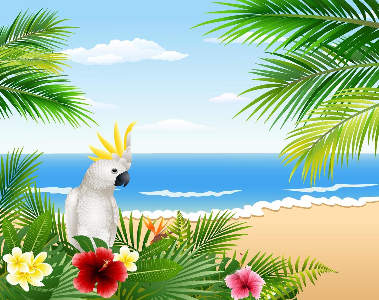 tarjeta con playa tropical, plantas tropicales y loro vector
