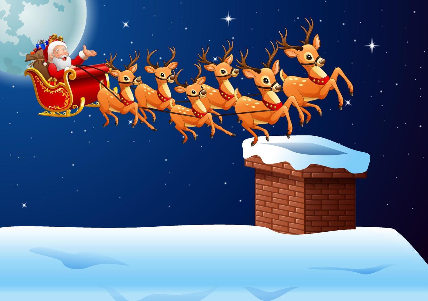 Santa Claus rides reindeer sleigh in the sky vector
