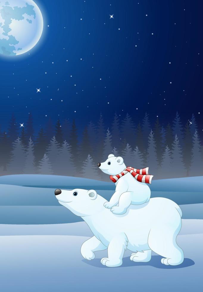 Cartoon baby polar bear riding on her mother's back vector