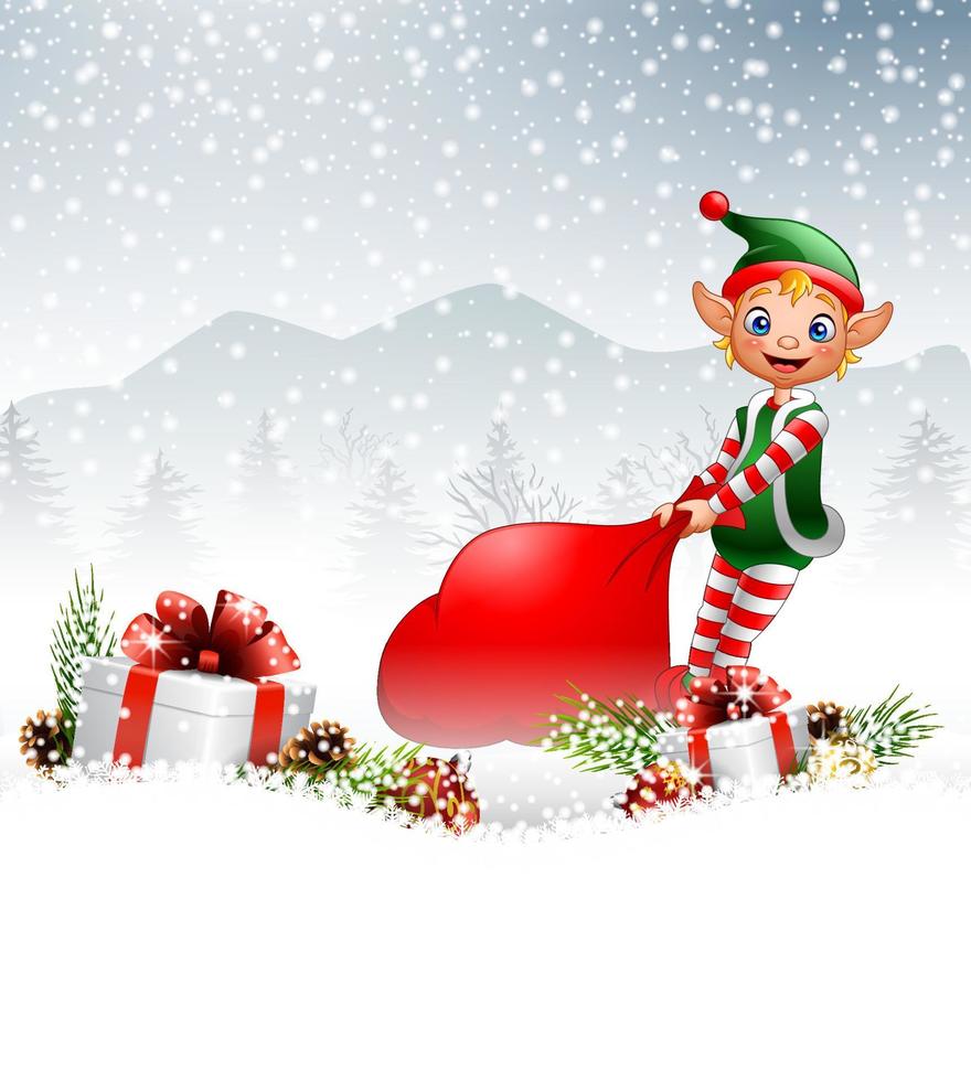 Christmas background with elf pulling a bag full of gifts vector