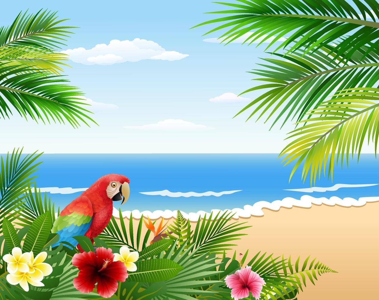 tarjeta con playa tropical, plantas tropicales y loro vector