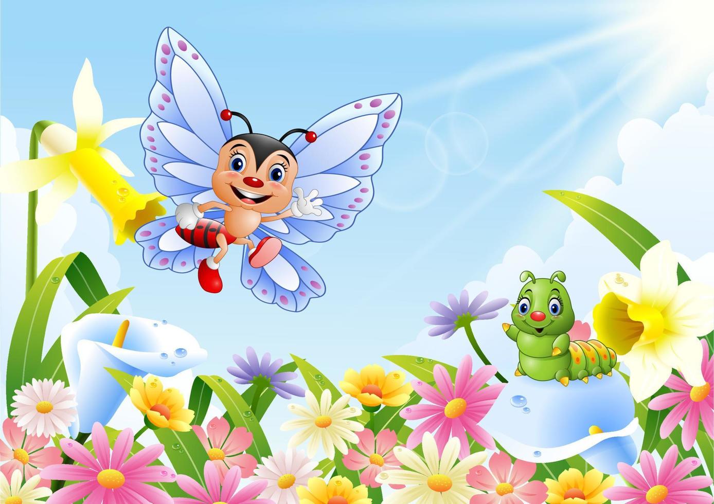 Funny butterfly and caterpillar on flower field vector
