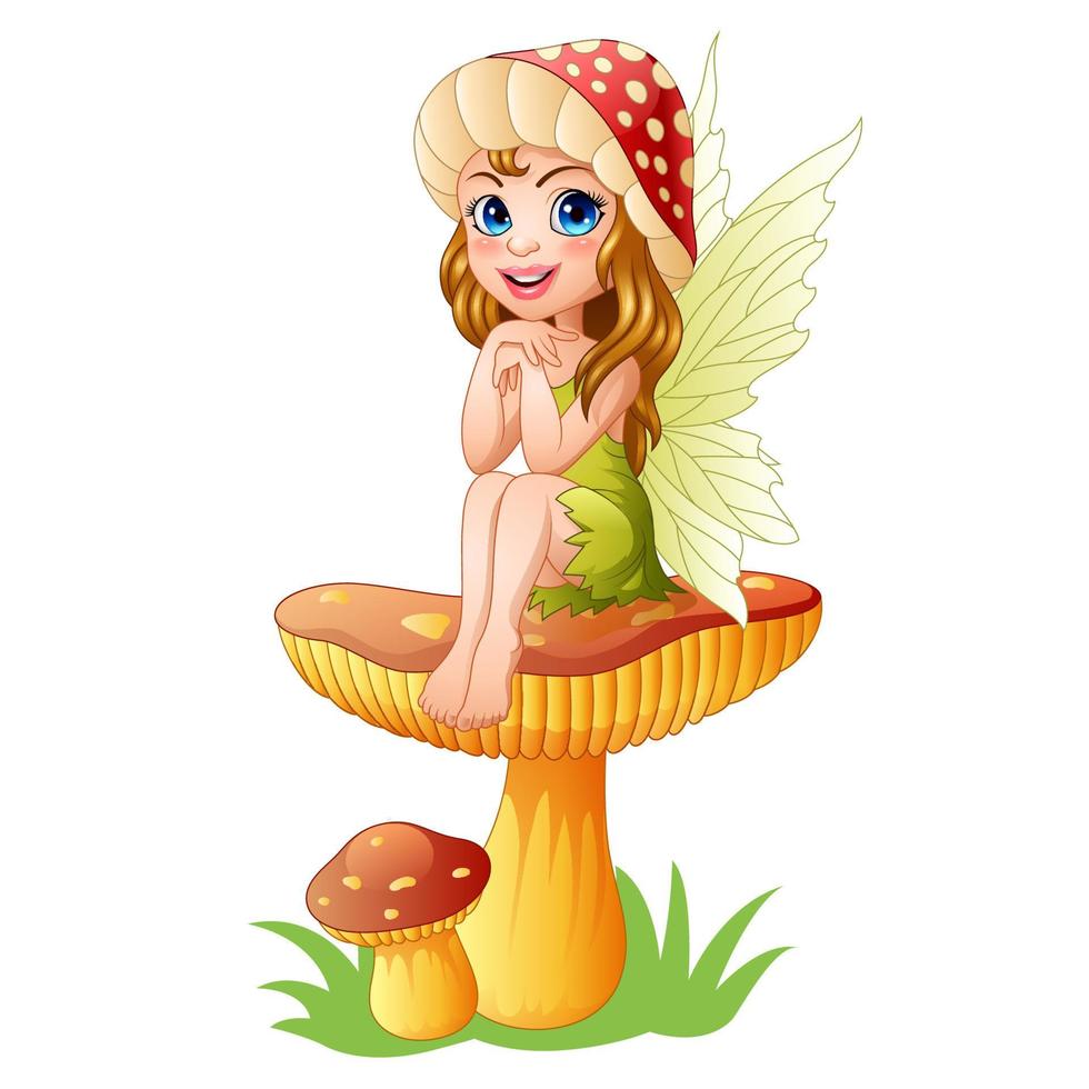 Cartoon little fairy sitting on mushroom vector