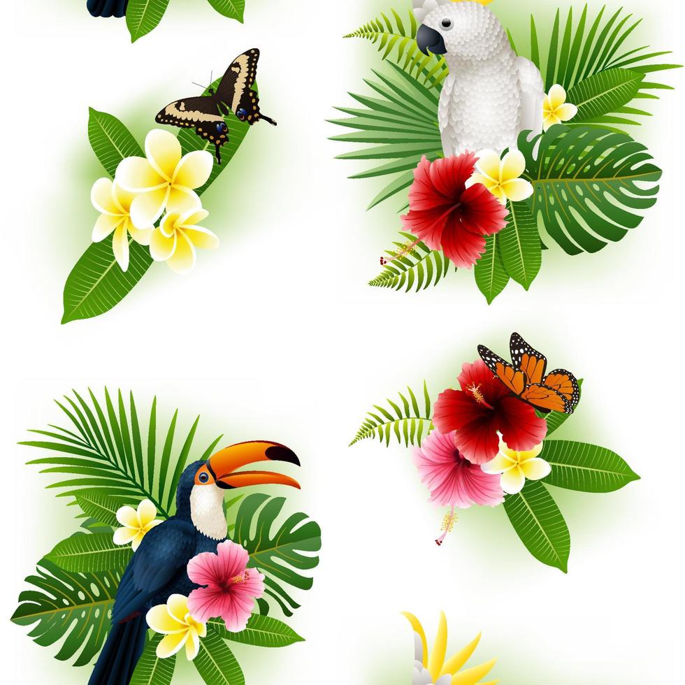 flor tropical con colección de mariposas y pájaros vector